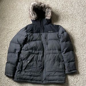 EUC Men’s Eddie Bauer Gray/Black Puffer Parka Jacket Size XL